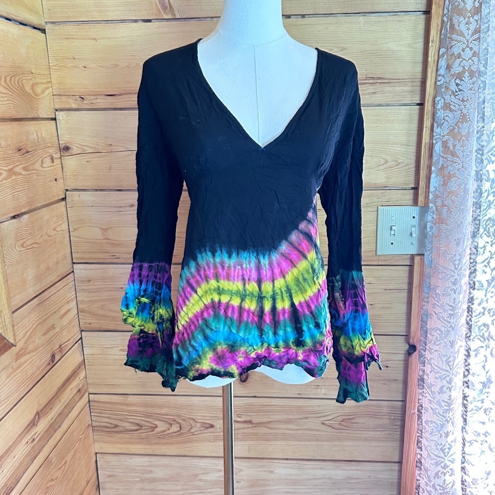 Vintage Tie Dye Blouse Womens Extra Largeβ Black Neon Rainbow Gypsy Rose Vintage